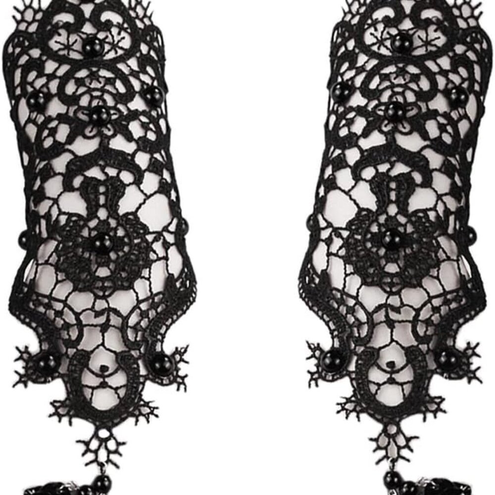 Black Lace Fingerless Gloves Women Gothic Floral Lace Steampunk Wristband Ring I